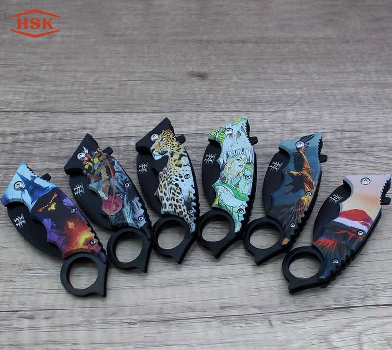 TPK48  Ring Handle Printed Outdoor Folding Knife, Black Stainless Steel Blade with Multiple Themed P