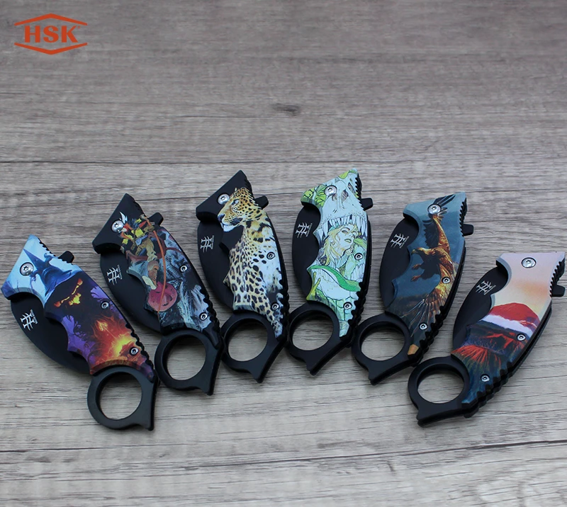 TPK48  Ring Handle Printed Outdoor Folding Knife, Black Stainless Steel Blade with Multiple Themed P