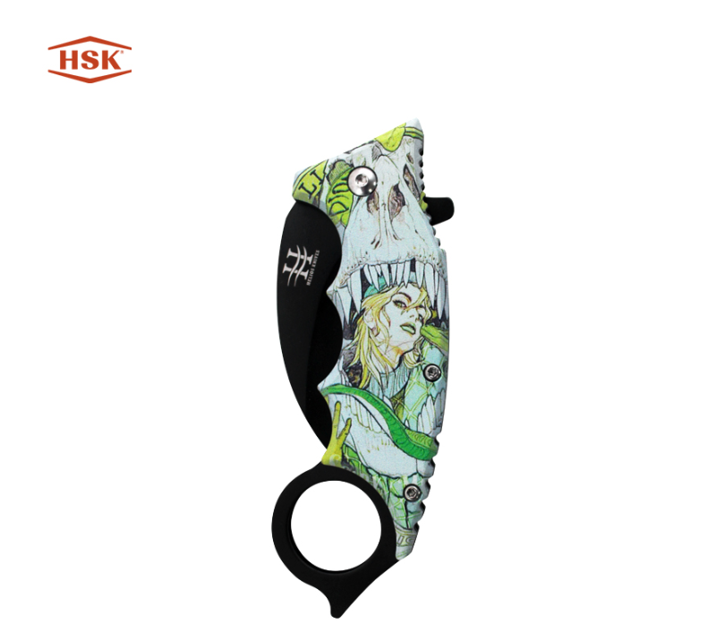 TPK48  Ring Handle Printed Outdoor Folding Knife, Black Stainless Steel Blade with Multiple Themed P