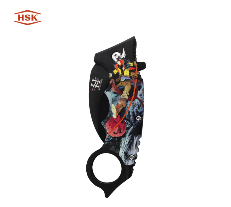 TPK48  Ring Handle Printed Outdoor Folding Knife, Black Stainless Steel Blade with Multiple Themed P
