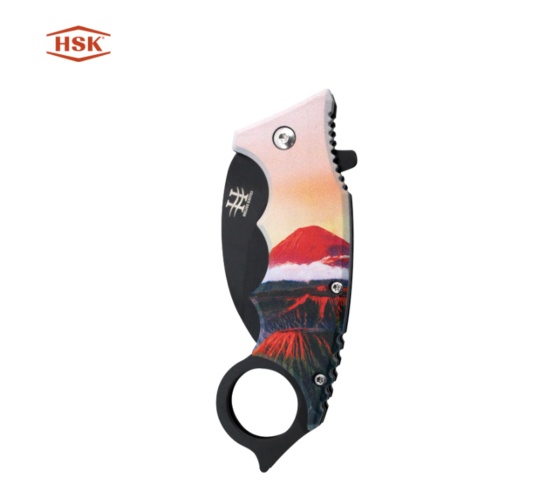 TPK48  Ring Handle Printed Outdoor Folding Knife, Black Stainless Steel Blade with Multiple Themed P