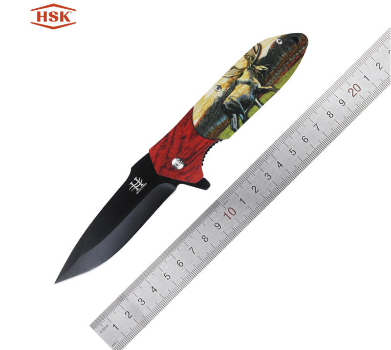 TPK-18 Deer Pattern Outdoor Folding Knife, Black Tactical Stainless Steel Blade with Printed Handle,