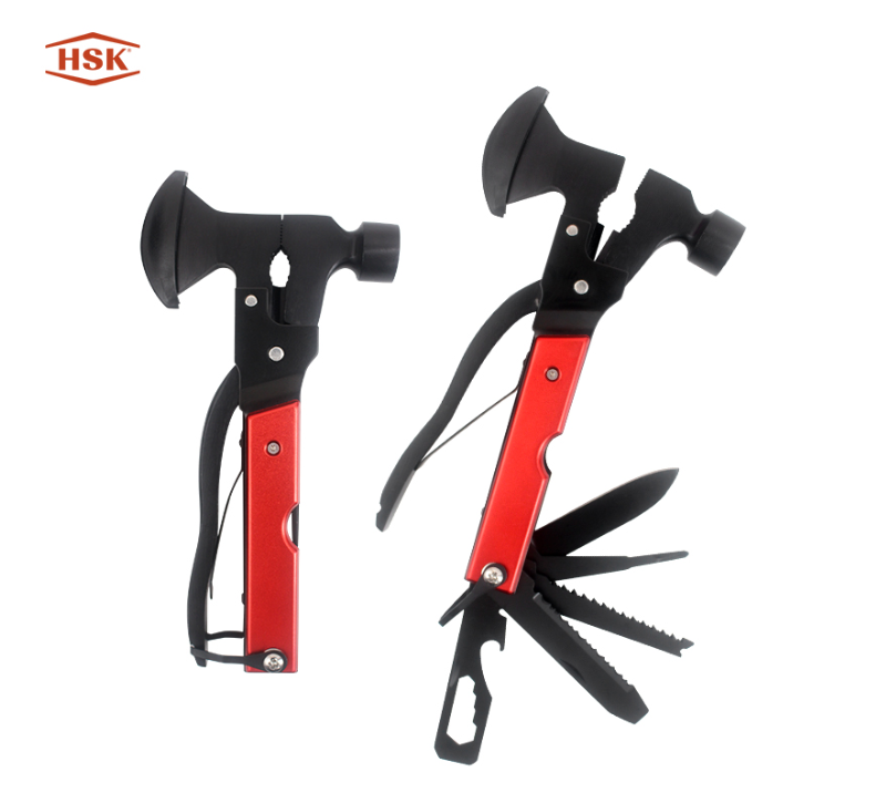 S02137 Red & Black Multi-Tool Hammer, Outdoor Camping Survival Multitool with Axe Knife Pliers
