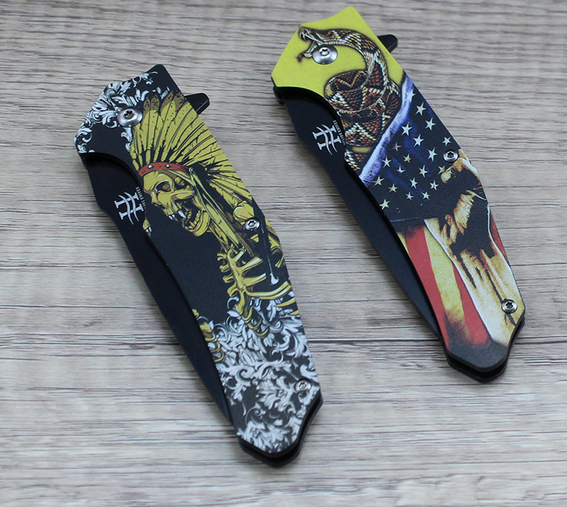 TPK18 Indian Skull Pattern Tactical Folding Knife, Black Coated Stainless Steel Blade with Printed H
