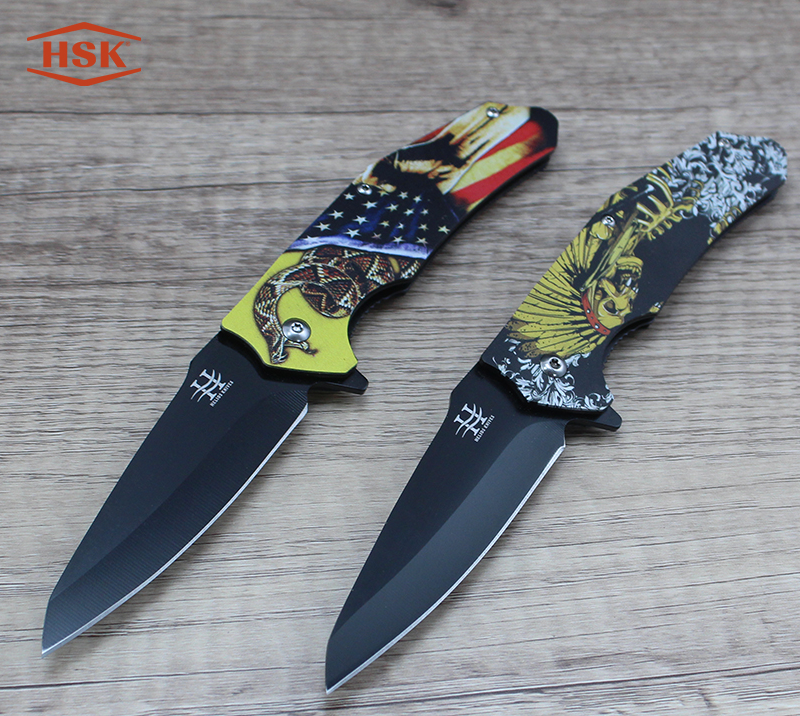 TPK18 Indian Skull Pattern Tactical Folding Knife, Black Coated Stainless Steel Blade with Printed H