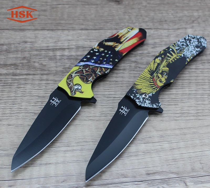 TPK18 Indian Skull Pattern Tactical Folding Knife, Black Coated Stainless Steel Blade with Printed H