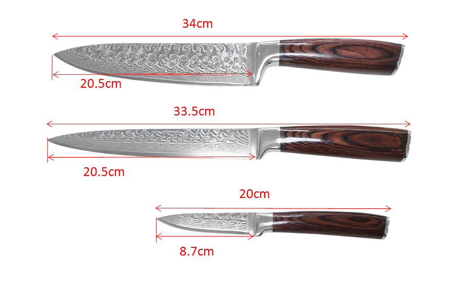 Three-piece Damascus steel knife set in a high-end and exquisite gift wooden box.