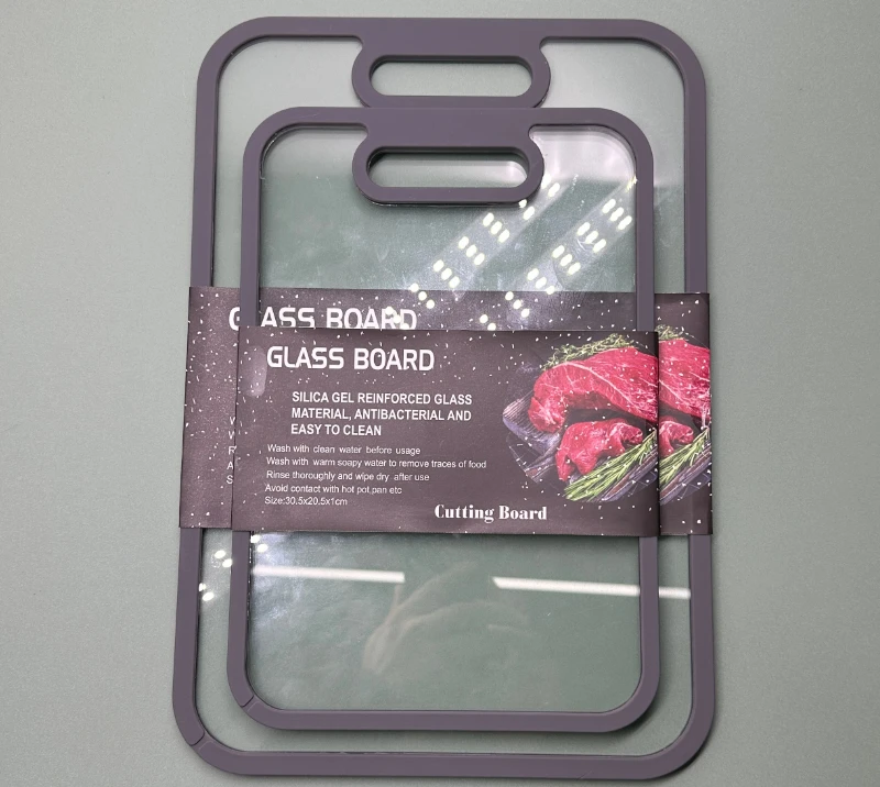 JH3325 Tempered Glass Cutting Board Set, 2pcs Non-Slip Glass Chopping Board with Silicone Edge