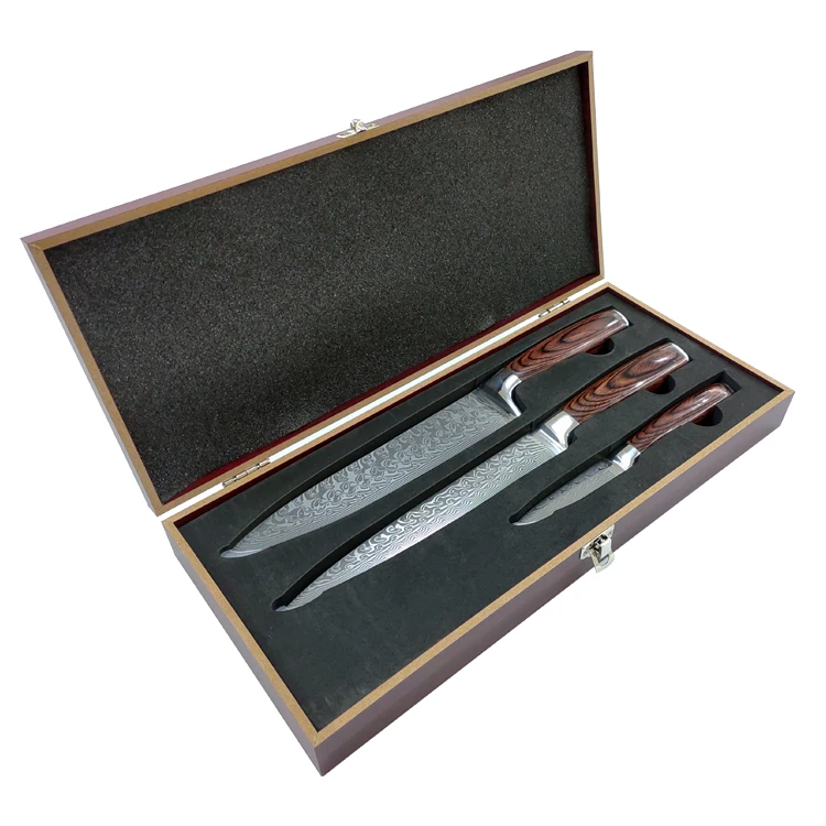 Three-piece Damascus steel knife set in a high-end and exquisite gift wooden box.
