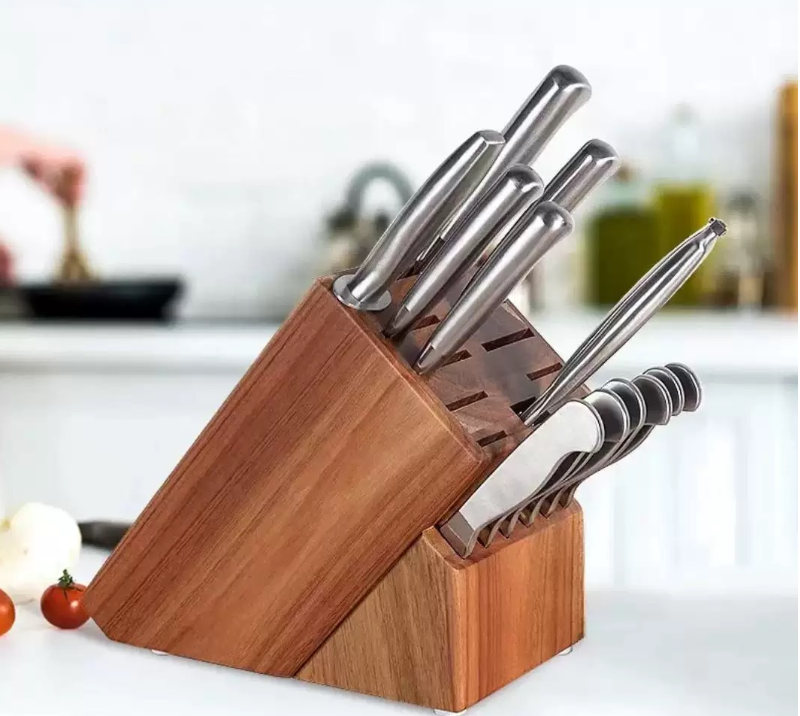 Kitchen knife holder elegant & sturdy. Universal Acacia knife block with slots for knives