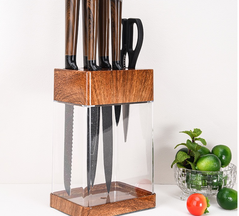 Knife stand with wood grain covering square knife holder