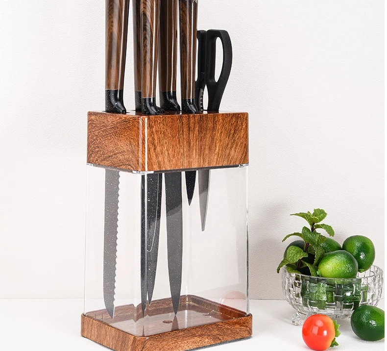 Knife stand with wood grain covering square knife holder