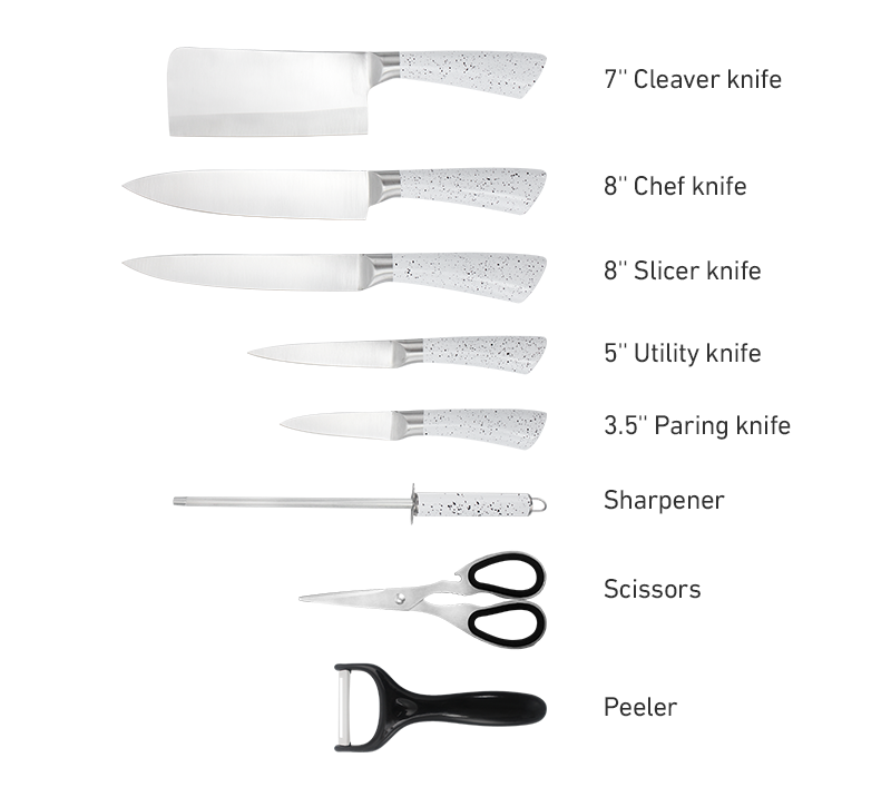 9Pcs White Knife Set with Rotation Block, Ergonomical Handle Stainless Steel Chef Knife Block Set