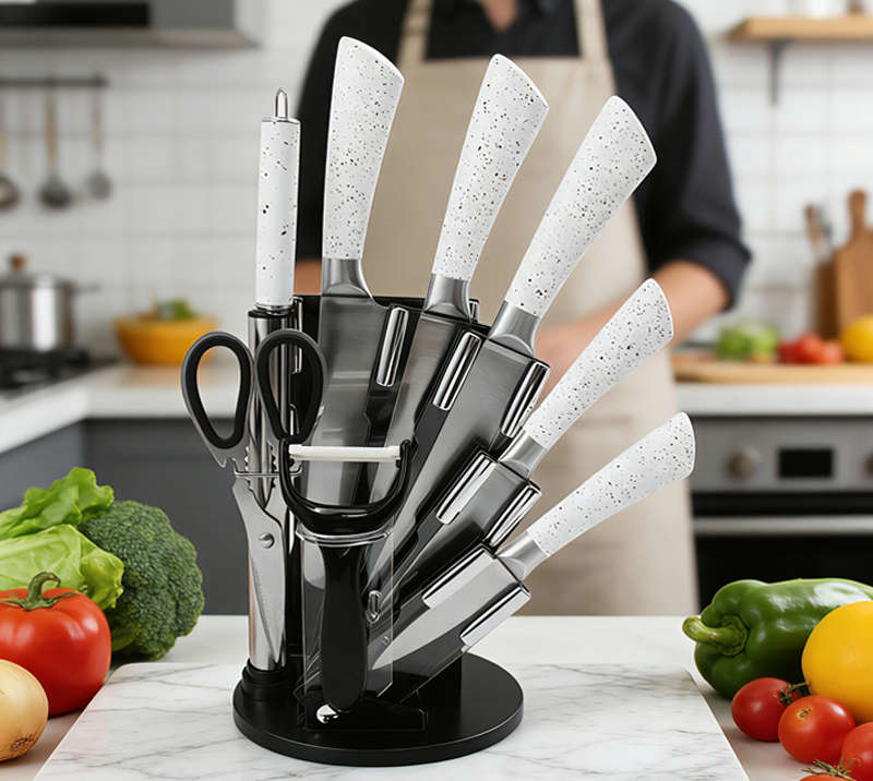 9Pcs White Knife Set with Rotation Block, Ergonomical Handle Stainless Steel Chef Knife Block Set