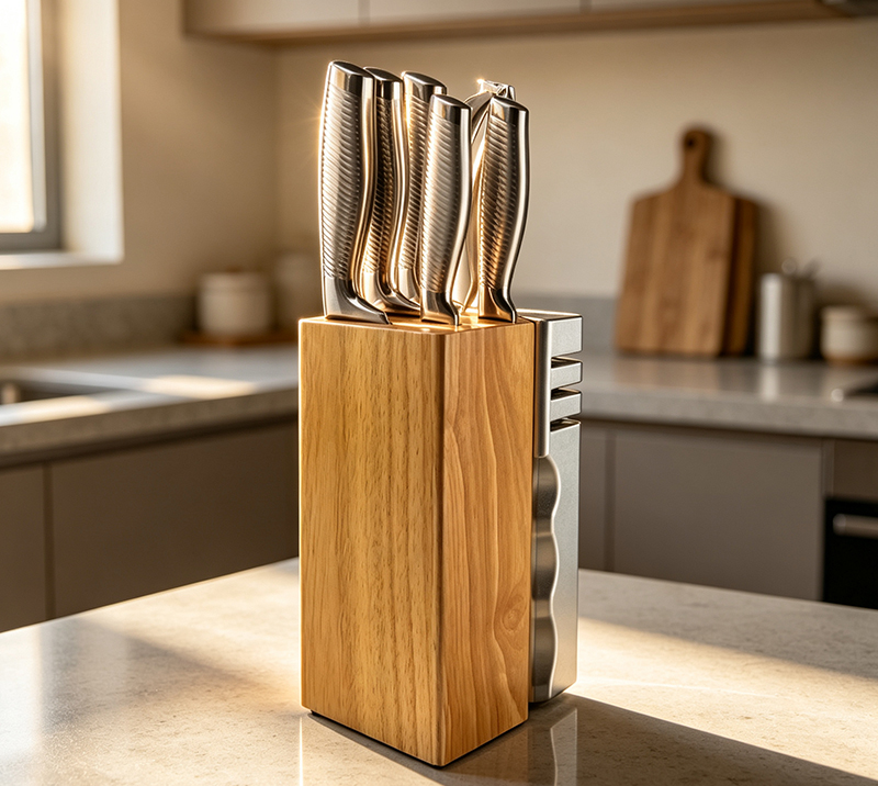D-D009B 8PCS Dual Block Wood Knife Set with Built-in Sharpener